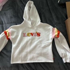 Levi's Girls Hoodie White Size M (10-12) Full Sleeve Pullover with Stripes
